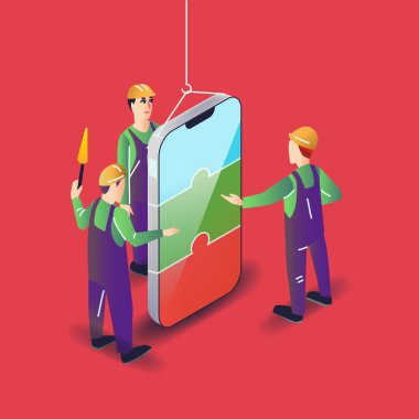 Modern düz stil app Kullanıcı resimde vektör. Akıllı telefon mobil uygulama kavram yapma üreticileri.