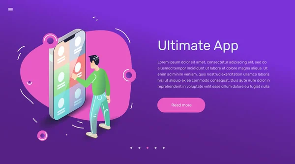 モダンなフラット スタイルのベクトル アプリ ユーザーの図 バナーやウェブ デザインのスマート フォン モバイル アプリケーションの概念を使用している人 ロイヤリティフリーストックベクター