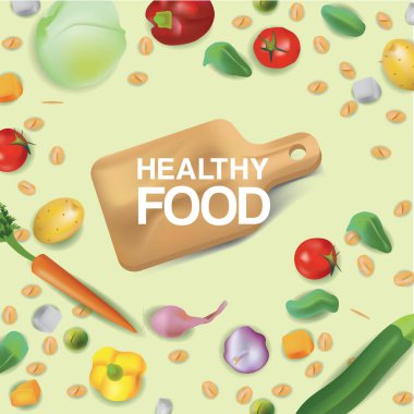 Vektör gerçekçilik tarzı resimde sağlıklı gıda hakkında. Kesme tahtası tahıl, sebze ve fındık ile çevrilidir