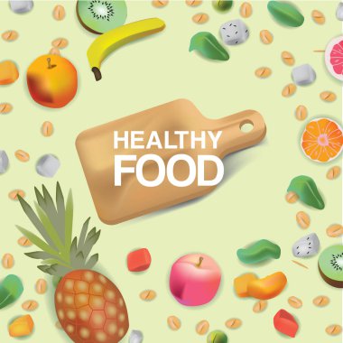 Vektör gerçekçilik tarzı resimde sağlıklı gıda hakkında. Kesme tahtası meyve, tahıl ve fındık ile çevrilidir