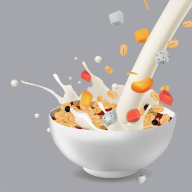 Vektör gerçekçilik stil illüstrasyon müsli kase meyve ve çilek ile