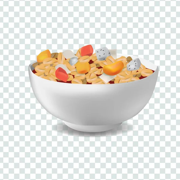 Ilustración de estilo de realismo vectorial muesli en tazón con frutas y bayas — Vector de stock