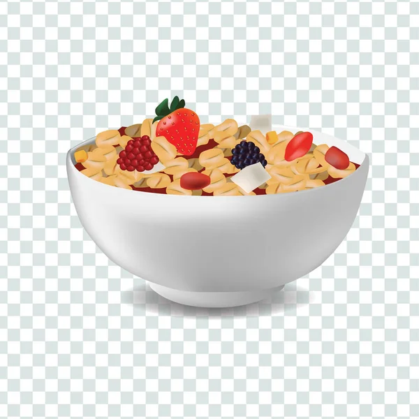 Ilustración de estilo de realismo vectorial muesli en tazón con frutas y bayas Vectores de stock libres de derechos