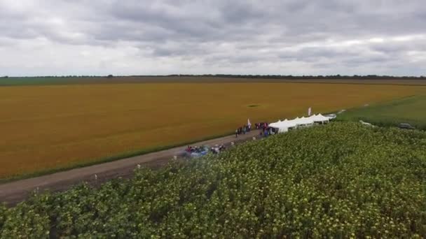 Uma estrada rural ao longo de um campo de grãos dourados sob um céu azul brilhante . — Vídeo de Stock