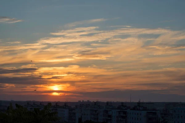 Dynamiek Van Zonsondergang Grote Stad Kharkov Oekraïne Horizon Openen Zijn — Stockfoto