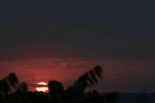 Ein Purpurroter Himmel Einem Kontrastierenden Sonnenuntergang Über Einer Großen Stadt — Stockfoto