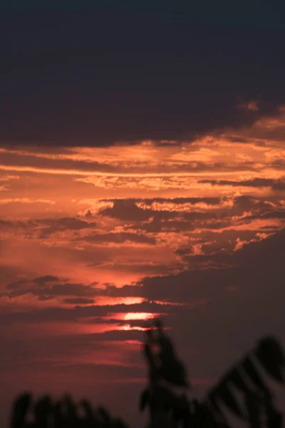 Cielo Carmesí Una Puesta Sol Contrastante Sobre Una Gran Ciudad — Foto de Stock