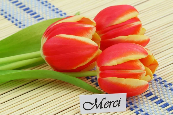 Carte Remerciements Qui Signifie Merci Français Avec Trois Tulipes Rouges — Photo
