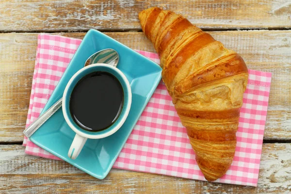 Butter Croissant Black Coffee Pink Checkered Cloth Rustic Wooden Surface — Stock Photo, Image
