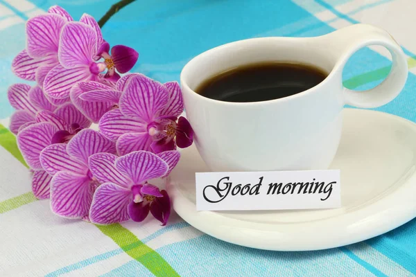 Guten Morgen Karte Mit Kaffee Und Rosa Orchidee — Stockfoto