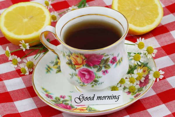 Good Morning Card Cup Tea — Stock Photo, Image