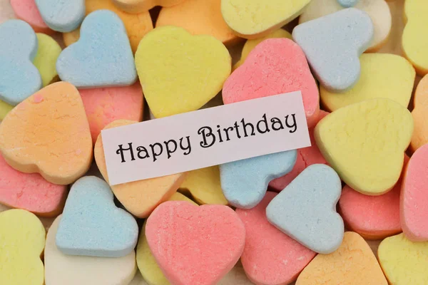 Cartão Aniversário Feliz Com Corações Açúcar Coloridos — Fotografia de Stock