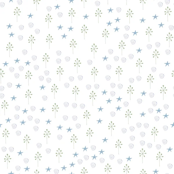 Naadloos patroon van abstracte takken en bloemen op een witte achtergrond. hand getekende vector. Sterren en spiralen — Stockvector
