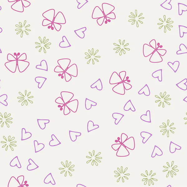 Fundo doodle sem costura multicolorido com flores e borboletas. ilustração para embalagem e impressão em tecido — Fotografia de Stock