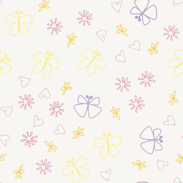 Fundo doodle sem costura multicolorido com flores e borboletas. ilustração para embalagem e impressão em tecido — Fotografia de Stock