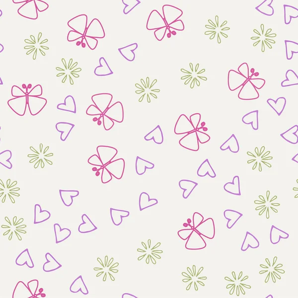 Fundo doodle sem costura multicolorido com flores e borboletas. Ilustração vetorial para embalagem e impressão em tecido — Vetor de Stock