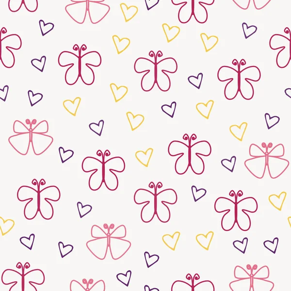 Fundo doodle sem costura multicolorido com flores e borboletas. Ilustração vetorial para embalagem e impressão em tecido — Vetor de Stock