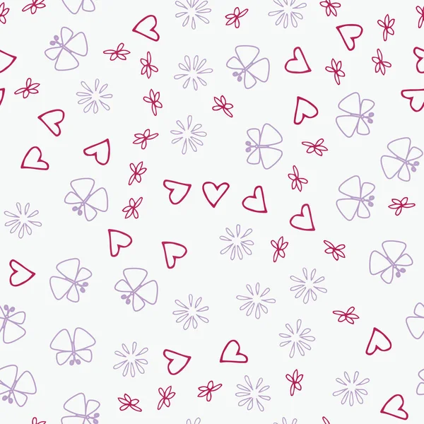 Nahtlose mehrfarbige Doodle Hintergrund mit Blumen und Schmetterlingen. Illustration für Verpackung und Druck auf Gewebe — Stockfoto