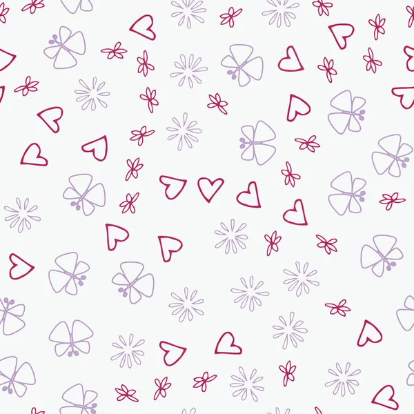 Fundo doodle sem costura multicolorido com flores e borboletas. Ilustração vetorial para embalagem e impressão em tecido — Vetor de Stock