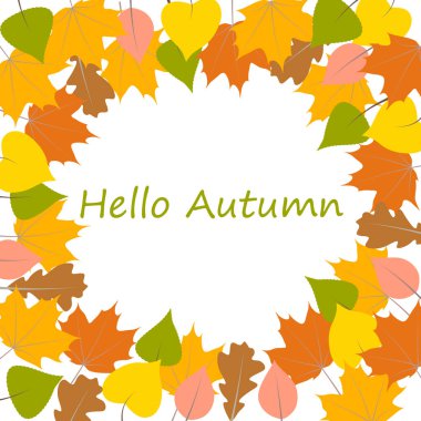 Metin ve düşen yaprakları ile Merhaba Sonbahar tebrik kartı. Tatil tebrik kartları tasarımları ve diğer projeler için