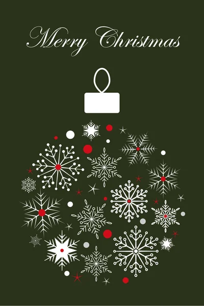 Julboll med snöflingor på en mörk bakgrund. Vektor illustration. Nytt år banner eller gratulationskort mall — Stock vektor
