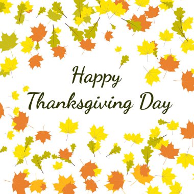 Metin ve düşen yaprakları ile Happy Şükran tebrik kartı. Tatil tebrik kartları tasarımları ve diğer projeler için
