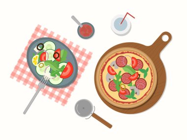 Pizza, salata ve sos da dahil. Üst Manzara. Bir restoran ve menü için vektör illüstrasyonu.