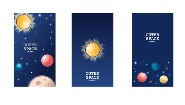 Kosmische vector illustratie met fantasie universum planeten. Set banner sjablonen. Ruimte achtergrond voor poster, web — Stockvector