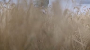 Çocuklu bir kadın buğday tarlasında duruyor.