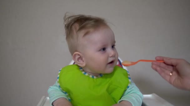 Мама Годує Маленьку Дитину Ложкою Дитячого Харчування — стокове відео