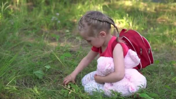 Une Petite Fille Prend Champignon Fille Avec Ours Peluche Rose — Video