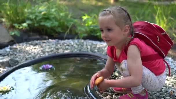 Little Girl Field Girl Sniffs Mushroom — Stock Video