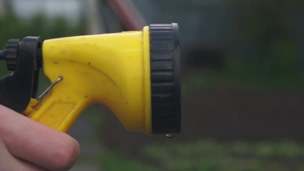 Besproeit water met een spuitpistool. De tuin besproeien. — Stockvideo