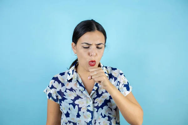 Young Beautiful Woman Standing Blue Isolated Background Feeling Unwell Coughing — Stock Photo, Image