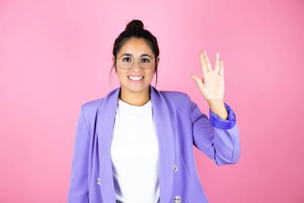 Young Beautiful Business Woman Isolated Pink Background Doing Star Trek — Stock Photo, Image