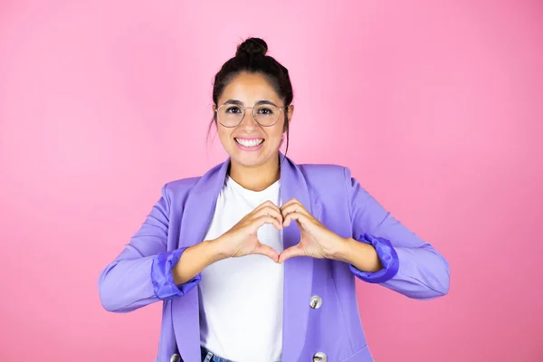 Young Beautiful Business Woman Isolated Pink Background Smiling Love Showing — Stock Photo, Image