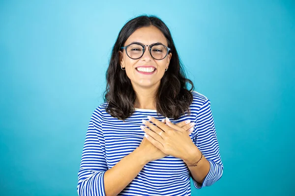 Pretty Woman Wearing Glasses Standing Insolated Blue Background Smiling His — Stock Photo, Image