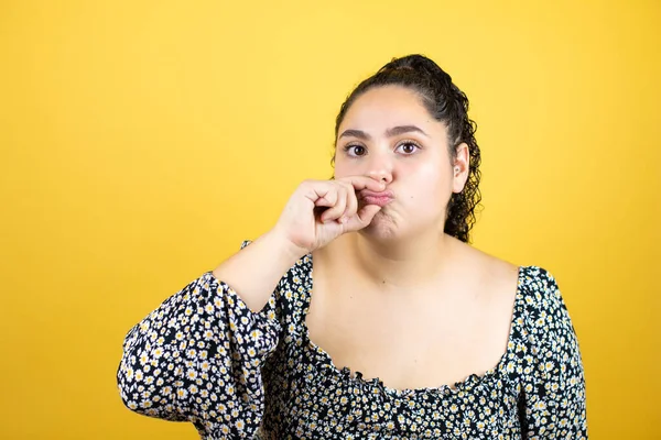 Young Beautiful Woman Curly Hair Isolated Yellow Background Mouth Lips — Stock Photo, Image