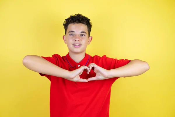 Hermoso Adolescente Sobre Fondo Amarillo Aislado Sonriendo Amor Mostrando Símbolo — Foto de Stock