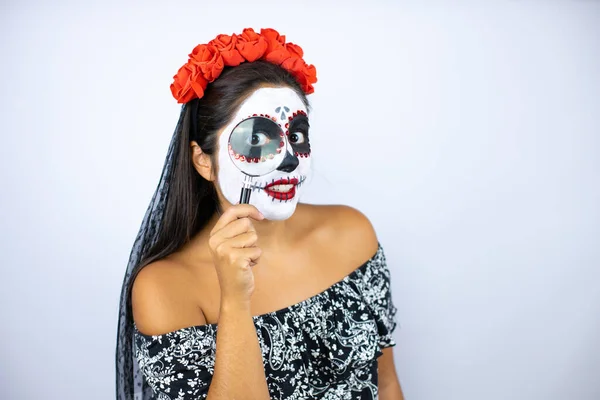 Vrouw Draagt Dag Van Het Dode Kostuum Geïsoleerde Witte Achtergrond — Stockfoto