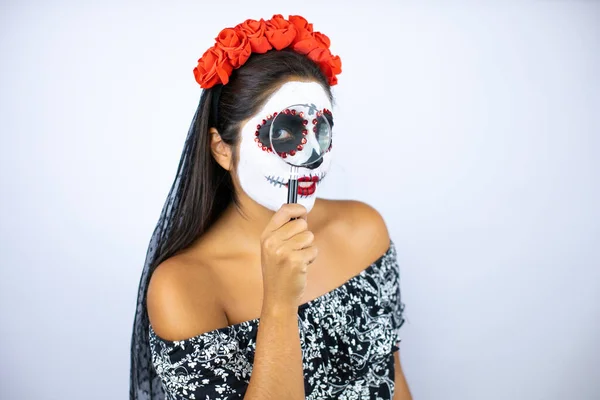 Vrouw Draagt Dag Van Het Dode Kostuum Geïsoleerde Witte Achtergrond — Stockfoto