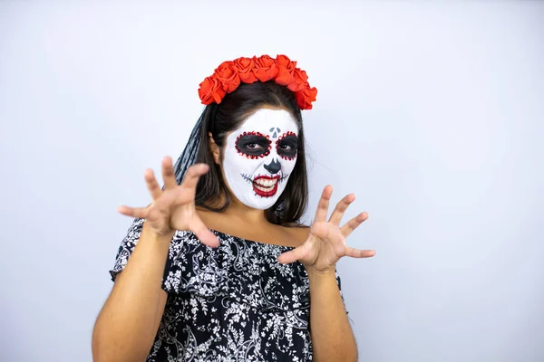 Mujer Vistiendo Día Del Traje Muerto Sobre Fondo Blanco Aislado — Foto de Stock