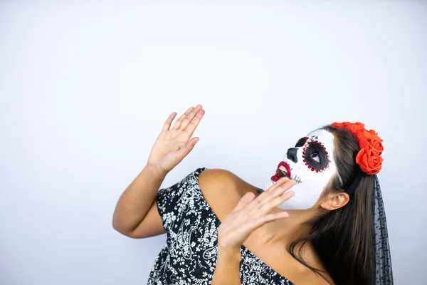 Woman Wearing Day Dead Costume Isolated White Background Scared Her — Stock Photo, Image