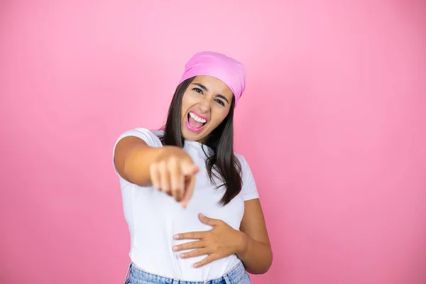 Young Beautiful Woman Wearing Pink Headscarf Isolated Pink Background Laughing — Stock Photo, Image