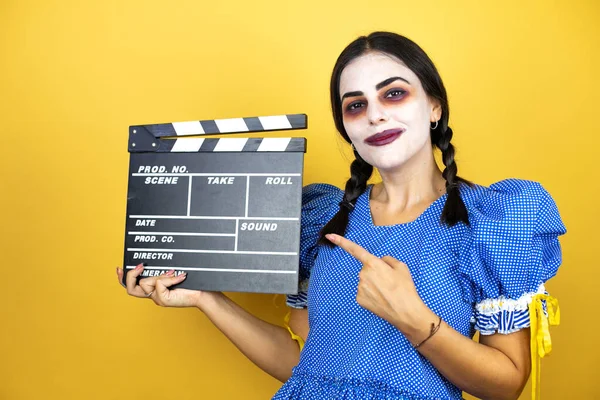 Woman Wearing Scary Doll Halloween Costume Yellow Background Holding Clapperboard — Stock Photo, Image