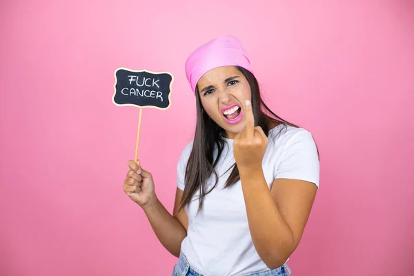 Young Beautiful Woman Wearing Pink Headscarf Isolated Pink Background Holding — Fotografia de Stock