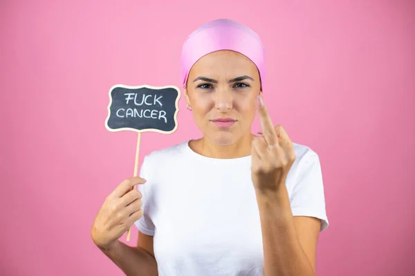 Woman Wearing Pink Headscarf Isolated Pink Background Holding Blackboard Fuck — ストック写真