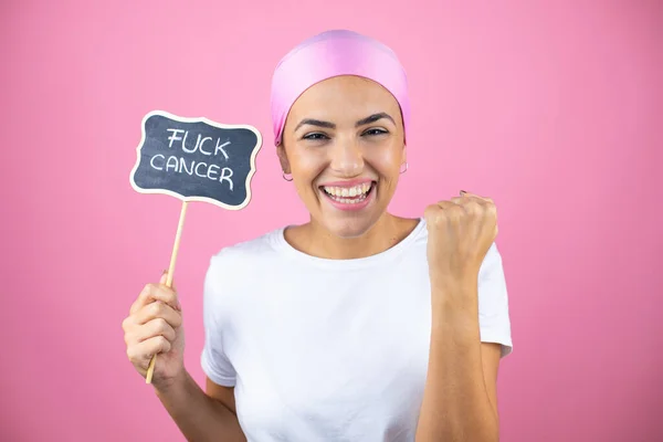 Young Beautiful Woman Wearing Pink Headscarf Isolated Pink Background Holding — ストック写真