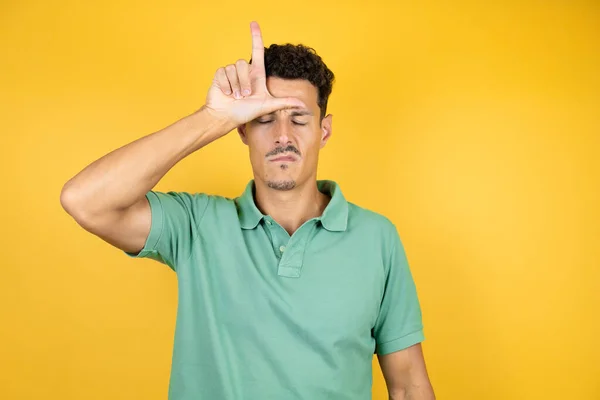 Young Handsome Man Wearing Green Casual Shirt Isolated Yellow Background — Stock Photo, Image