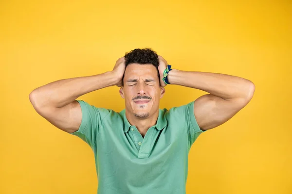 Young Handsome Man Wearing Green Casual Shirt Isolated Yellow Background — Stock Photo, Image